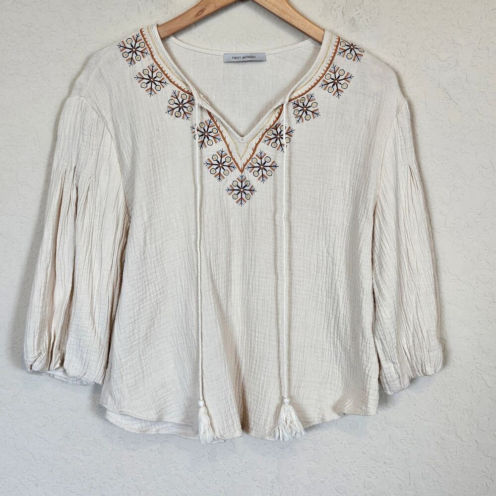 First Monday‎ Embroidered Peasant Top Gauze Blouse Women's Size Large Boho Chic